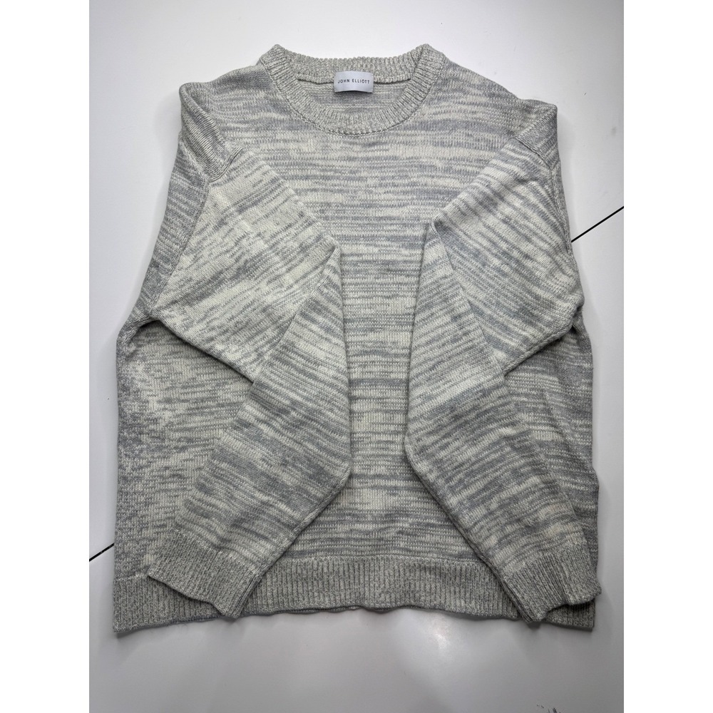 John Elliott Mens Grey White Space Dye Melange Knit Crewneck Sweater Relaxed Fit - Picture 3 of 11